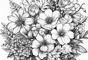 birth flower bouquet with February March August August and October birth flowers tattoo idea