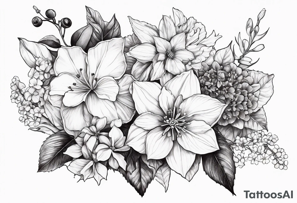Hydrangea, Narcissus, Poinsettia, Holly, Gladiolus, Poppy, Daisy, Sweet Pea floral bouquet tattoo idea