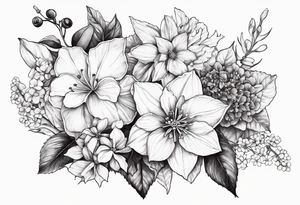 Hydrangea, Narcissus, Poinsettia, Holly, Gladiolus, Poppy, Daisy, Sweet Pea floral bouquet tattoo idea