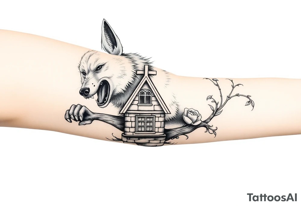 Big bad wolf  blowing down   a brick house tattoo idea