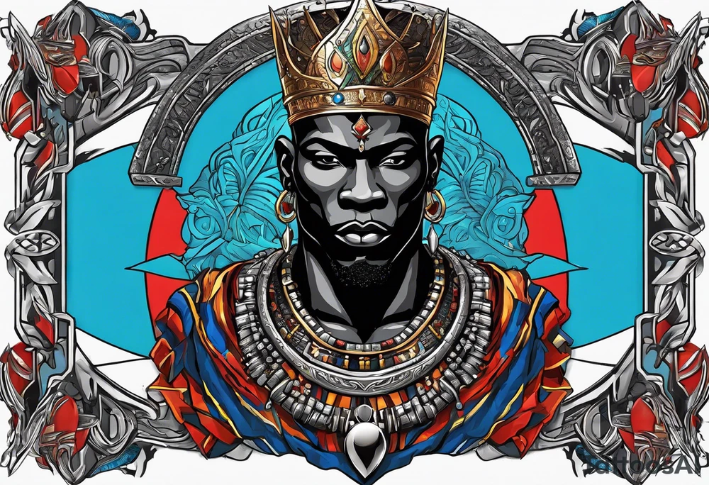 An african god, a bald black-skinned warrior, that uses a sword and a silver crown. He also uses blue and red necklaces tattoo idea
