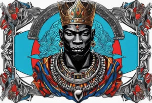 An african god, a bald black-skinned warrior, that uses a sword and a silver crown. He also uses blue and red necklaces tattoo idea