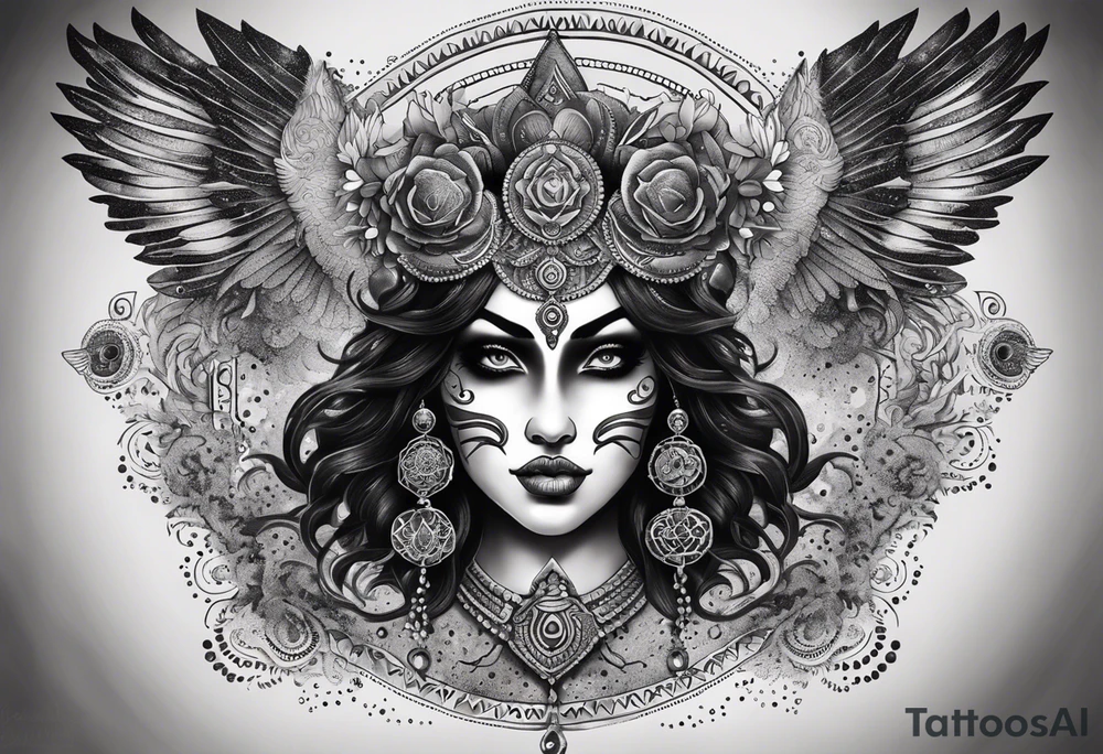 black kali, goddess pirate, alien, angel, pachamama, valkrye, warrior, flying, skull, lotus azul, wing, eagle, zenza resonance, stars, 5D, anahata chakra, death, durga, riding on a tiger, flying lady, kundalini, chest tatoo, samuri, rebel, serpent tattoo idea