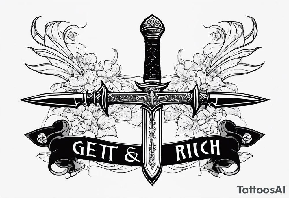 Sketch of a sword in gothic style with added creepy elements and the inscription “get rich” tattoo idea