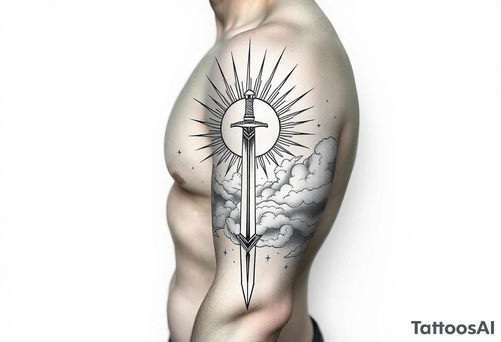 Half sleeve. sun rays, clouds, sword tattoo idea