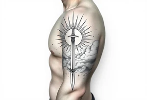 Half sleeve. sun rays, clouds, sword tattoo idea
