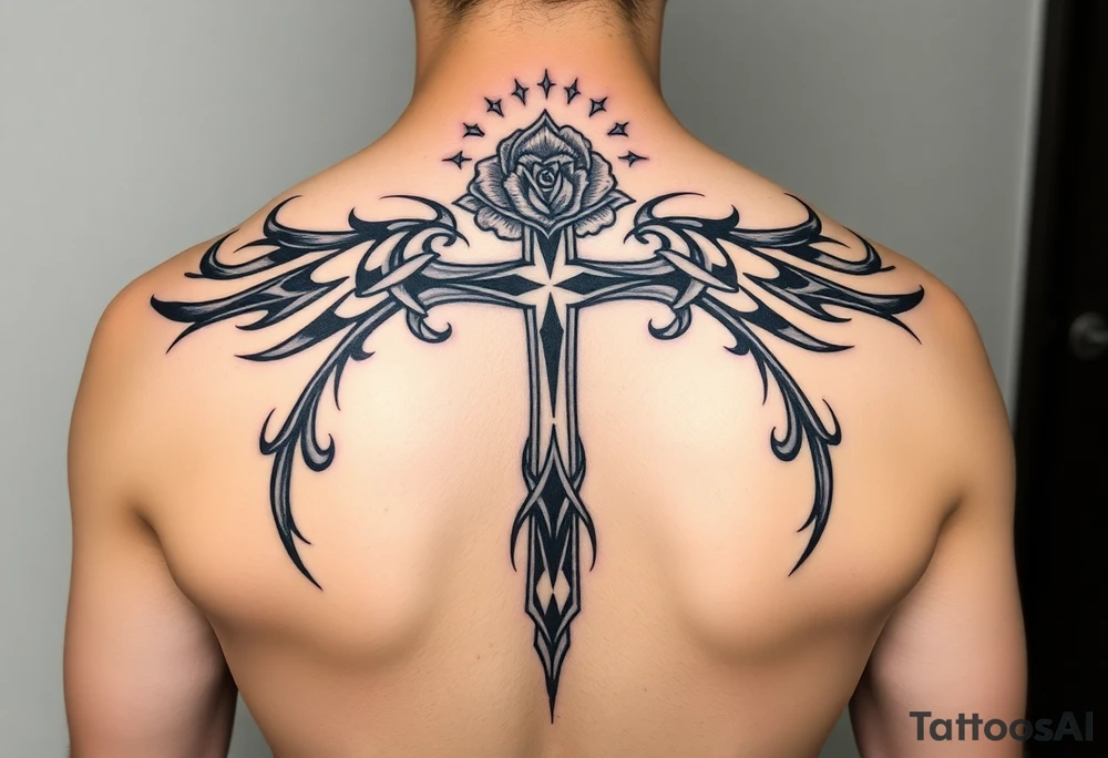 A very detailed cross with thorns vines from a rose with a halo above it and clouds around it and possibly wings on the sides or no wings in the sides but is a very detailed tattoo for my shoulder tattoo idea