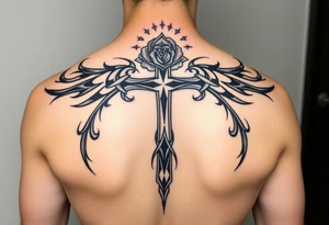 A very detailed cross with thorns vines from a rose with a halo above it and clouds around it and possibly wings on the sides or no wings in the sides but is a very detailed tattoo for my shoulder tattoo idea