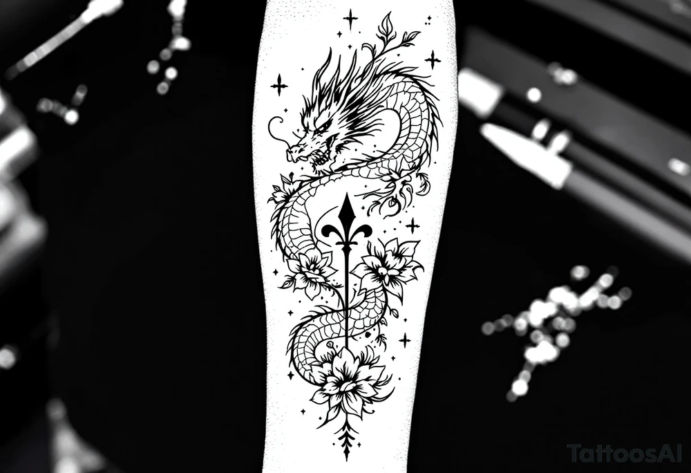 un dragon central entouré de fleurs de lys de style avec des ombrages dans un style assez fin tattoo idea