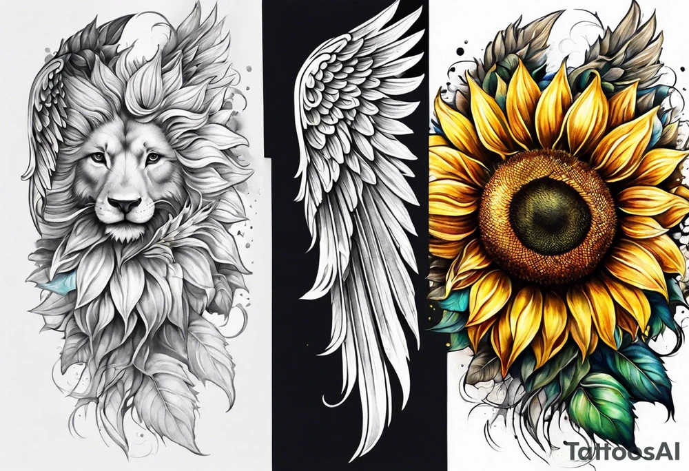 Sunflowers and angel wings leg sleeve tattoo idea