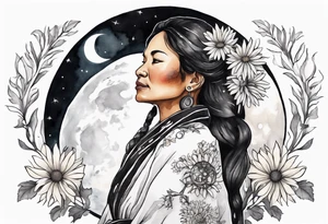 a beautiful 40-year-old Anishinaabe woman wearing black and white robes standing on the moon with a chrysanthemum in her hair tattoo idea