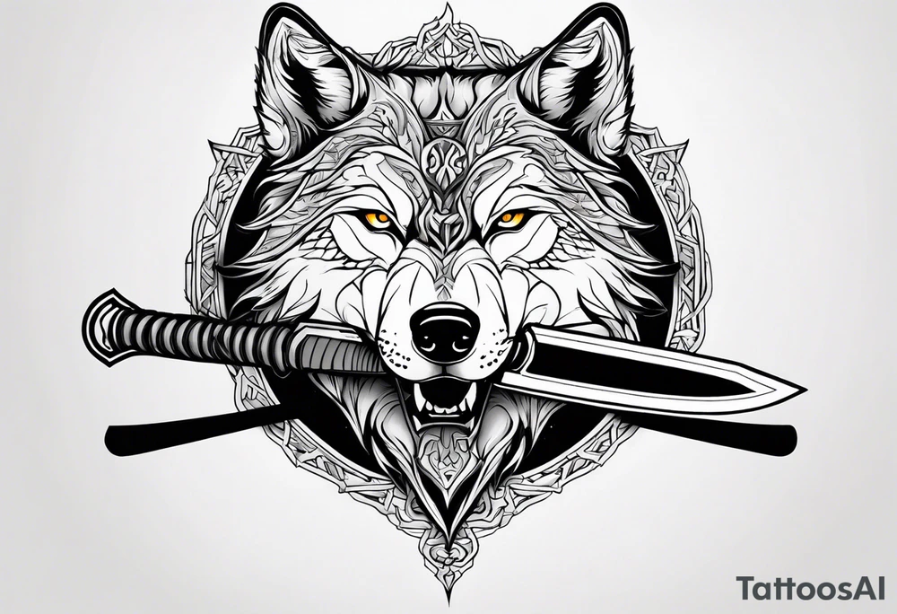 wolf head with katana in mouth tattoo idea