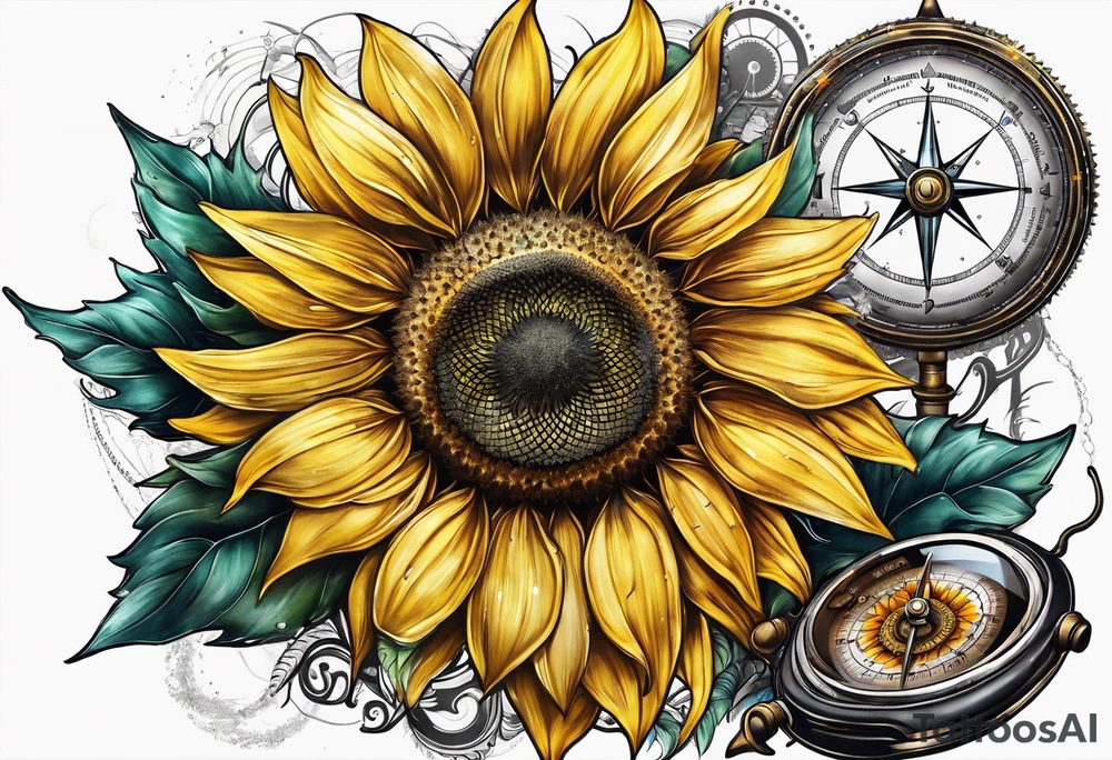 Sunflower next to a compass tattoo idea