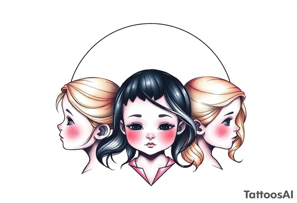 3 petites filles de dos ( une cheveux noir et deux blondes)
sous un arc en ciel incomplet tattoo idea