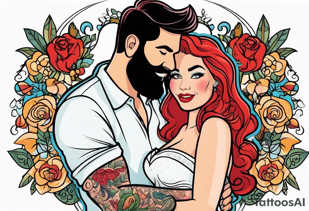 Busty red haired woman with a bearded man who has black hair getting married tattoo idea