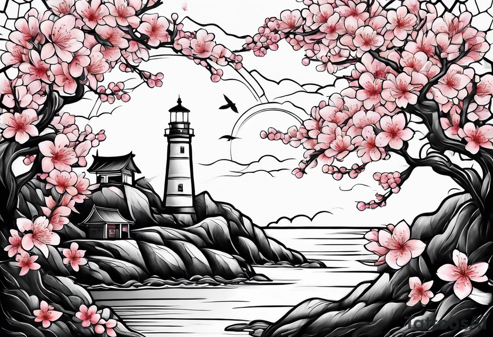 cherry blossom with lighthouse tattoo idea