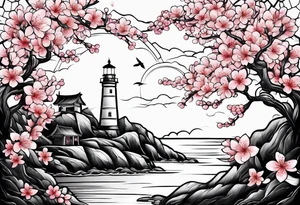 cherry blossom with lighthouse tattoo idea