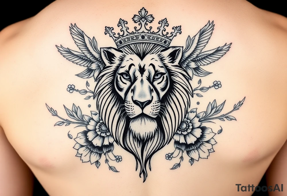 powerful majestic lion with a crown, surrounded by floral ornaments and birds tattoo idea