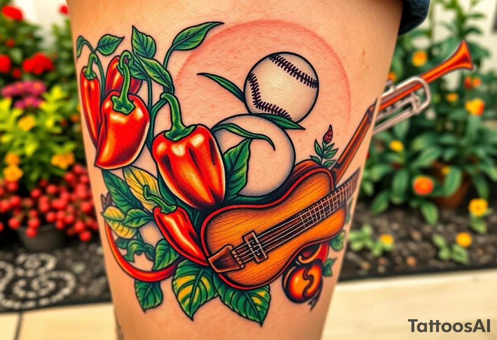 Super hot pepper plants, hot sauce, baseball, acoustic guitar, trumpet, with a gardening background tattoo idea
