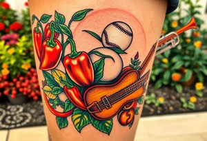 Super hot pepper plants, hot sauce, baseball, acoustic guitar, trumpet, with a gardening background tattoo idea