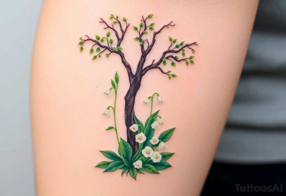 Lilly of the vally bell plants on the ground underneath a blooming hawthorn tree tattoo idea