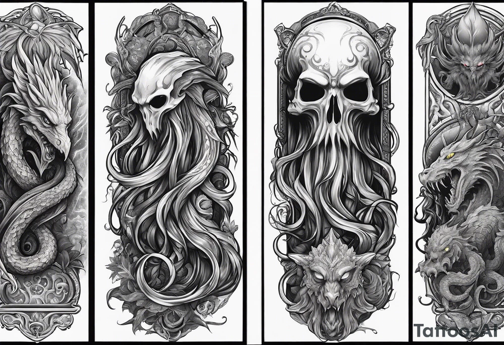 Cthulhu arm sleeve with other eldritch beasts tattoo idea