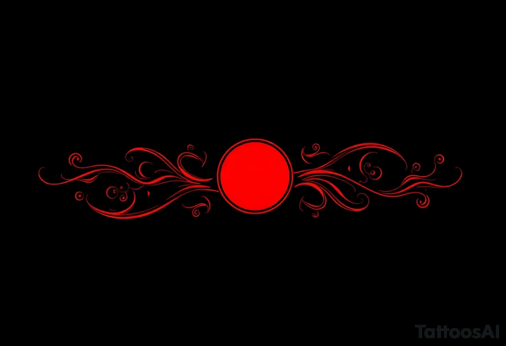 "Ultra-thin black and red tattoo line art, seamless forearm band (ratio 10:1).  

Основной узор:  
- Греческий меандр (ключевой орнамент) в виде единой непрерывной линии толщиной 1-2px  

Символы (минималистичные, графичные):  
1. ☀️ Красное солнце (простой круг с треугольными лучами)  
2. 🏃♂️ Бегущий человек (угловатый силуэт из 3-4 линий)  
3. 🐉 Дракон (зигзагообразная линия, напоминающая китайский иероглиф)  
4. 👽 Инопланетянин (треугольная голова с двумя точками глаз)  

Стиль:  
- Чистая графика, без теней и объемов  
- Все элементы являются частью меандра  
- Повторяющийся узор, идеально соединяющийся по краям  

Дополнительно:  
- Никаких фонов и лишних деталей  
- Сохранять монохромность (только черный и красный)" tattoo idea