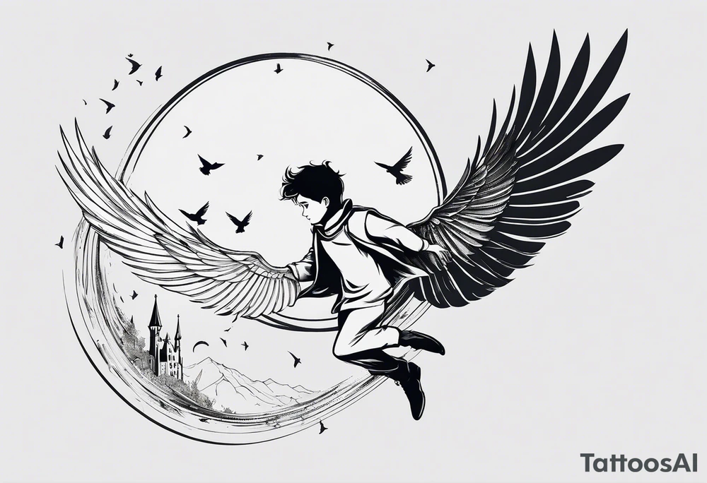 the little prince flying with birds that turn into Tris from Divergent Bird tattoo, that turns into the mockingjay, that turns into the deathly hallows symbol tattoo idea