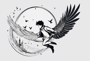 the little prince flying with birds that turn into Tris from Divergent Bird tattoo, that turns into the mockingjay, that turns into the deathly hallows symbol tattoo idea