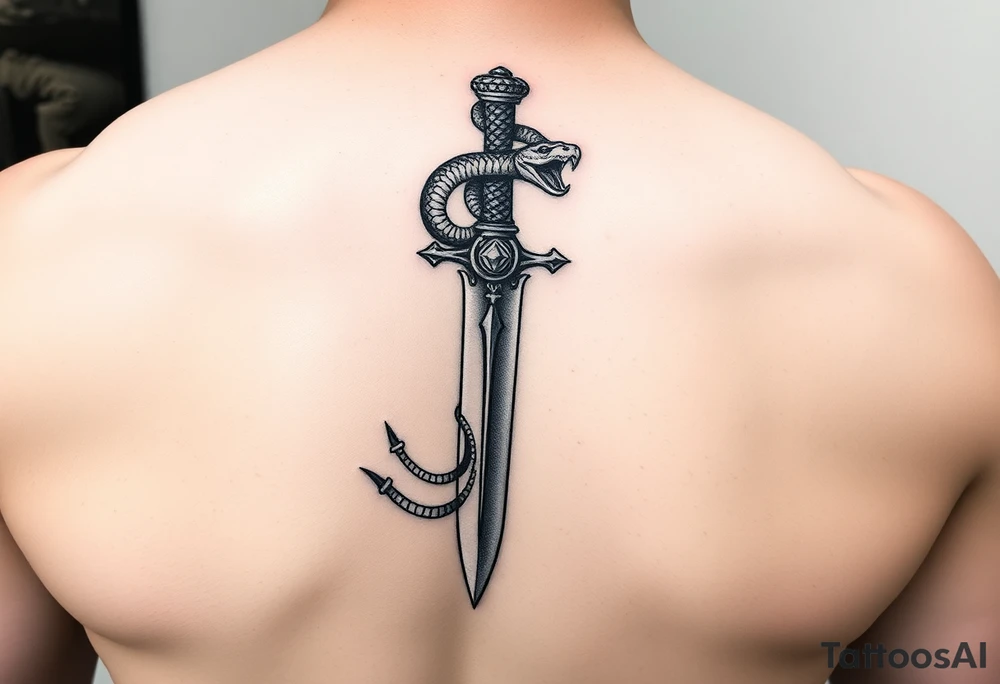 mystical snake coiled around an ancient dagger with jeweled hilt tattoo idea