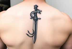 mystical snake coiled around an ancient dagger with jeweled hilt tattoo idea