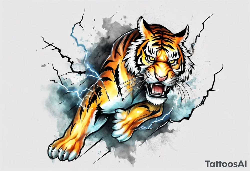 mythical ferocious tiger with lightning around it. The tattoo is for a forearm sleeve tattoo idea