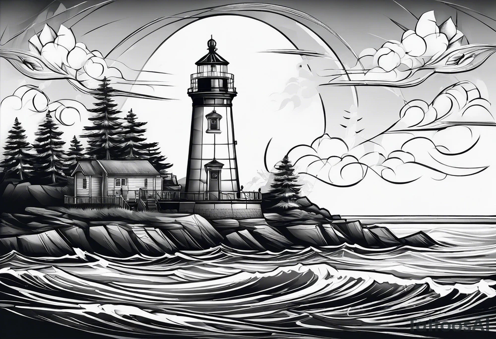 maritime lighthouse in a front view sailboat serving as a mast for a sail. tattoo idea