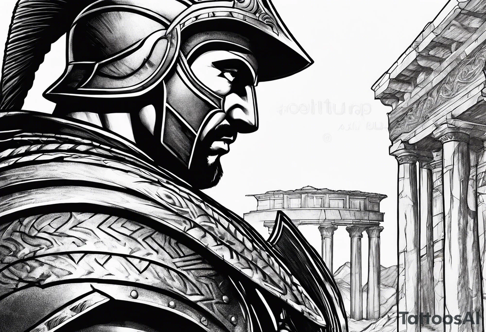 close of of spartan solider looking at distant pillars tattoo idea