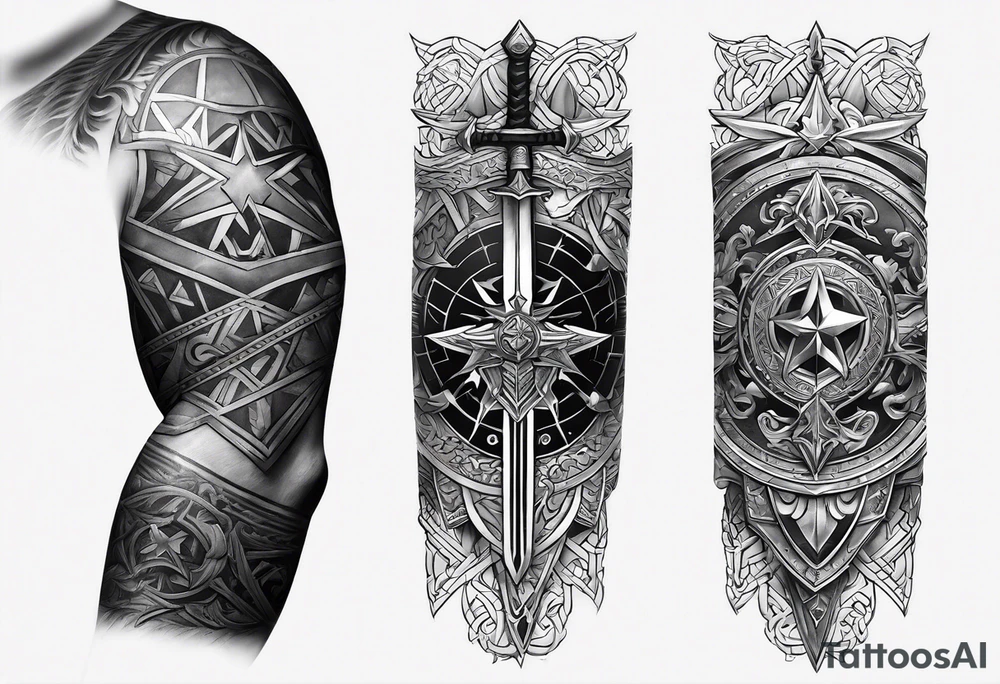 complete upper arm sleeve. Feature three mountain side by side, with 3 stars above them crossed sword patterns that evoke the Valkyrie spirit. Keep the design in clean, simple lines. tattoo idea