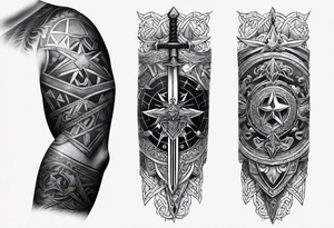 complete upper arm sleeve. Feature three mountain side by side, with 3 stars above them crossed sword patterns that evoke the Valkyrie spirit. Keep the design in clean, simple lines. tattoo idea