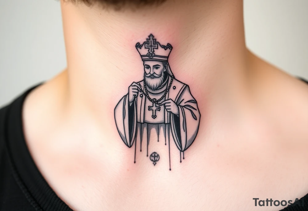 Russian orthodox priest in a detailed vestment swinging censer chains tattoo idea