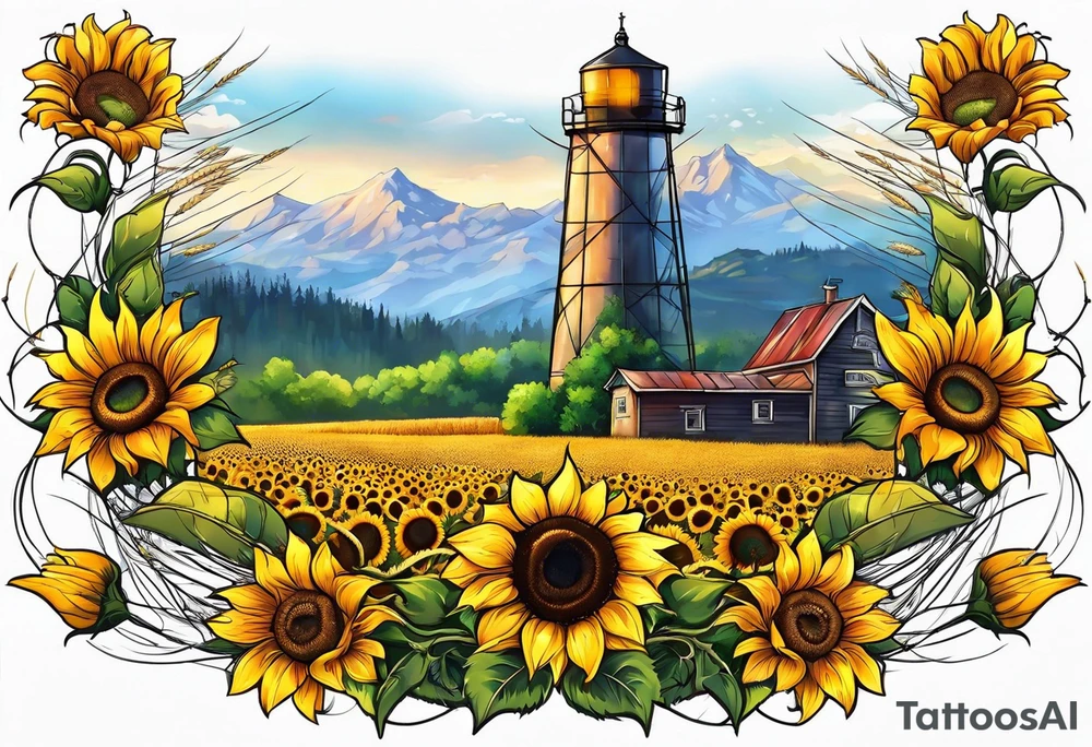 Sunflower, wheat, and barbed wire half sleeve tattoo idea