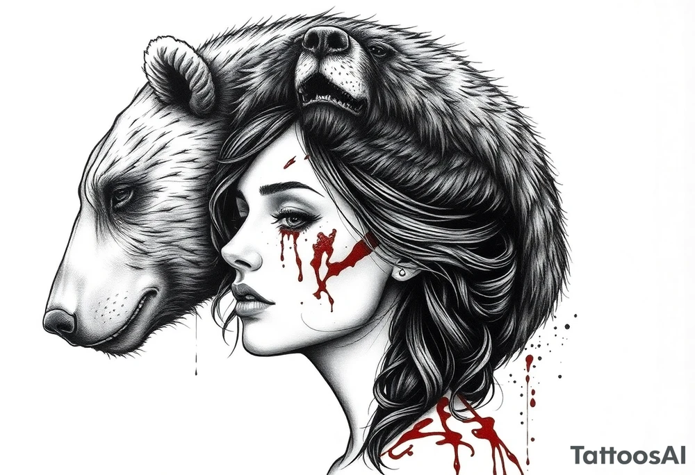Beautiful Woman with battle scars and blood on face wearing dead bear on head tattoo idea