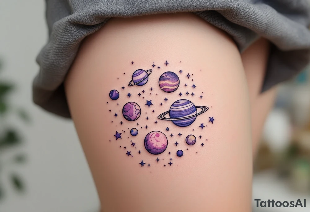 A dreamy cosmic scene on the thigh with Sagittarius stars surrounded by planets in soft pastel purples and pinks. tattoo idea