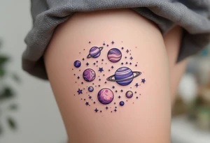 A dreamy cosmic scene on the thigh with Sagittarius stars surrounded by planets in soft pastel purples and pinks. tattoo idea