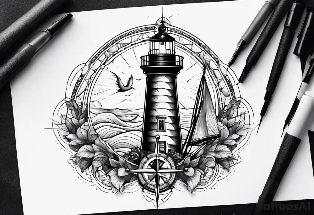 A lighthouse mixed with an anchor and a compass rose tattoo idea