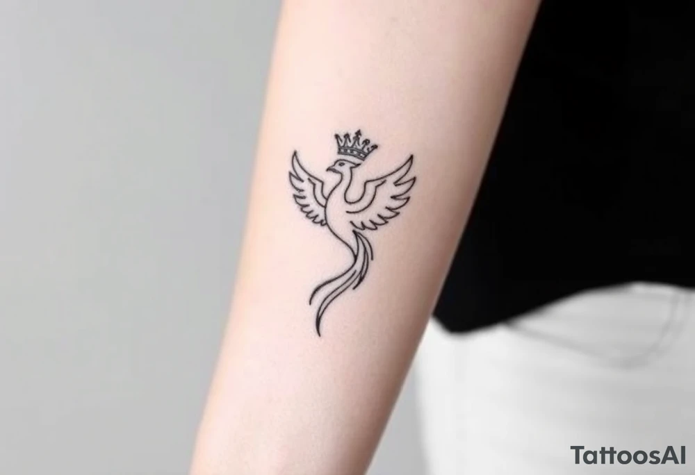 Minimal phoenix and crown fine lines tattoo idea