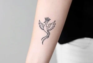 Minimal phoenix and crown fine lines tattoo idea