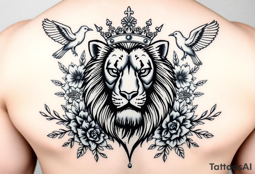 powerful majestic lion with a crown, surrounded by floral ornaments and birds tattoo idea