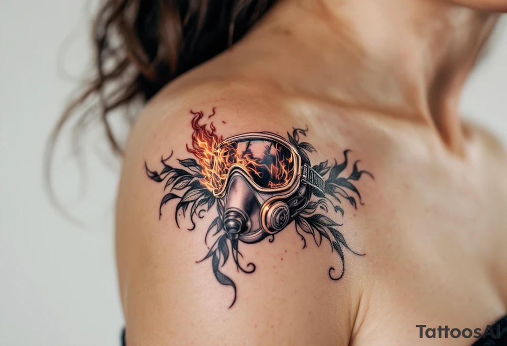 A detailed breathing mask with fire reflecting in the visor tattoo idea