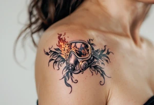 A detailed breathing mask with fire reflecting in the visor tattoo idea