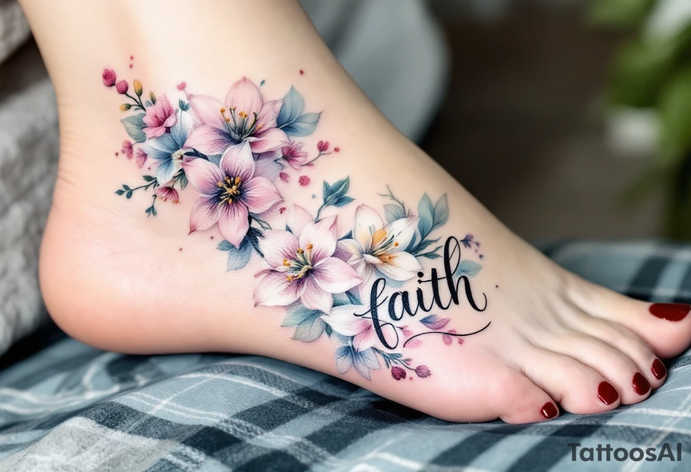 Pastel calligraphy with floral embellishments—cherry blossoms for love, lilies for faith, and daffodils for hope. tattoo idea