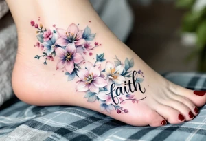 Pastel calligraphy with floral embellishments—cherry blossoms for love, lilies for faith, and daffodils for hope. tattoo idea