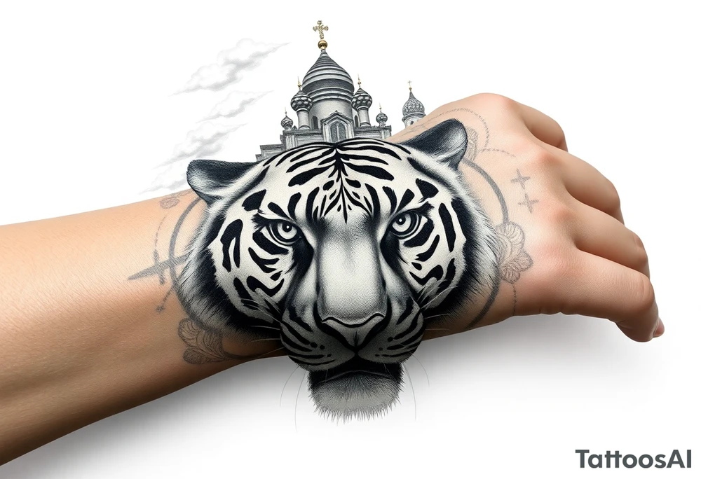 Realistic tiger face on the back of the hand with strong contrast and fine detail with hollow black eyes. with a highly detailed Russian Orthodox cathedral sitting above on fore arm with onion domes and orthodox crosses, done in fine line, engraving-like style. Cohesive composition, black ink only, no color, high contrast, slightly aged, documentary-style, plain light background. with clouds above and a virgin mary 
spanning from my hand to lower fore arm tattoo idea